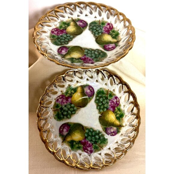 Fruit Motif Fan Crest Lusterware Saucer Trinket Dish Iridescent Set of 2 Vintage - Picture 1 of 11